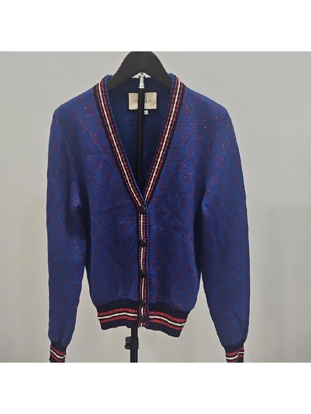 Gucci Royal Blue Knit Cardigan with Red and White Trim